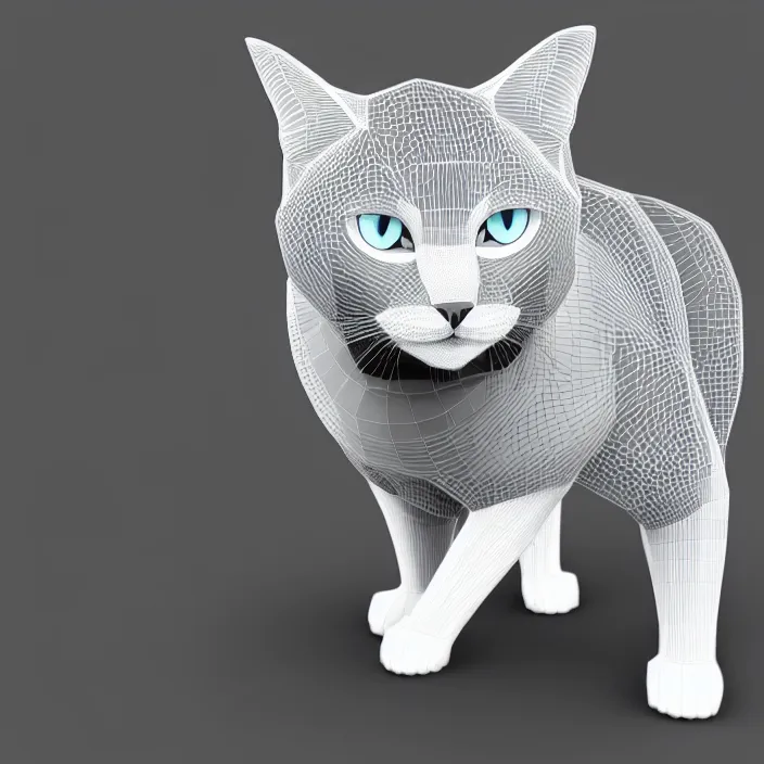 Image similar to low polygon, 3 d render, cat with black and white fur, isometric view, white background, high definition