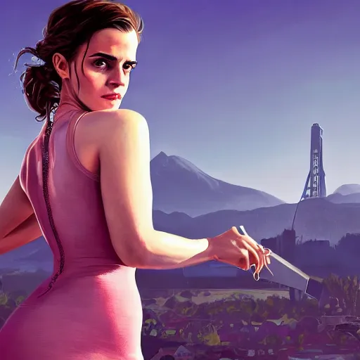 Image similar to highly detailed painting of emma watson wearing a skintight dress, gta 5 cover art, stephen bliss, 8 k, by greg rutkowski, artgerm, loish, rhads, global illumination, radiant light, detailed and intricate environment