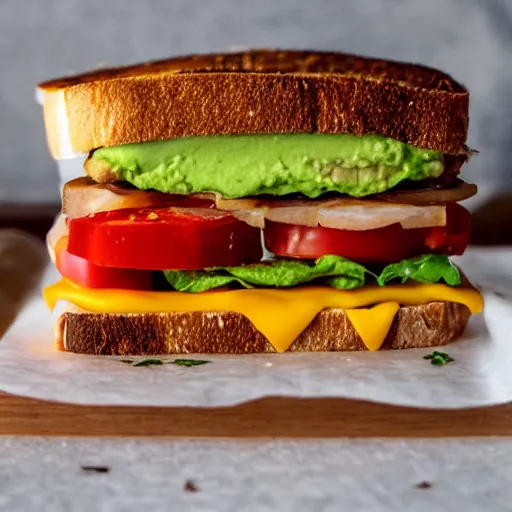 Image similar to sandwich with fried tofu, one red tomato slice, mayo, onion, avocado, melted cheddar, red dish, background : jupiter and stars in the sky