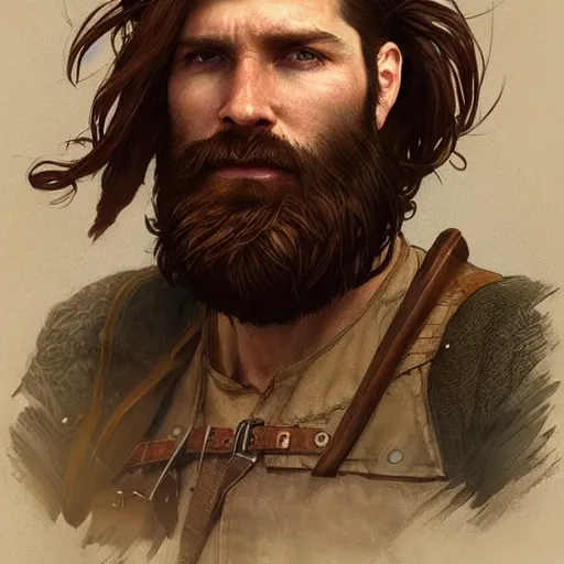 Image similar to portrait of a rugged ranger, 35 years old, beard, male, masculine, upper body, red hair, long hair, soft hair, D&D, fantasy, intricate, elegant, highly detailed, digital painting, artstation, concept art, matte, sharp focus, illustration, art by Artgerm and Greg Rutkowski and Alphonse Mucha