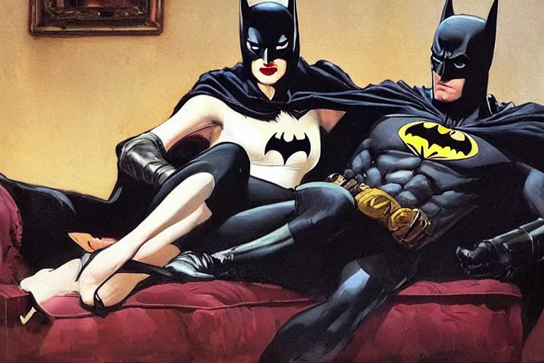 Prompt: batman sits on a sofa beside his wife and expresses his displeasure at the manner of her dress, painted by phil hale and rick berry and dean cornwell and norman rockwell and jeremy mann