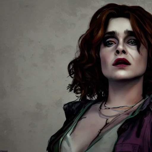 Image similar to helena bonham carter portrait, borderlands, tales from the borderlands, the wolf among us, comic, cinematic lighting, studio quality, 8 k