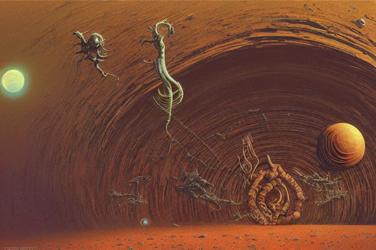 Image similar to oil painting, super - detailed scene of a creature the size of a planet, japanese sci - fi books art, artwork by jean giraud and zdzislaw beksinski and michael whelan and hr giger, hd, 4 k, high quality