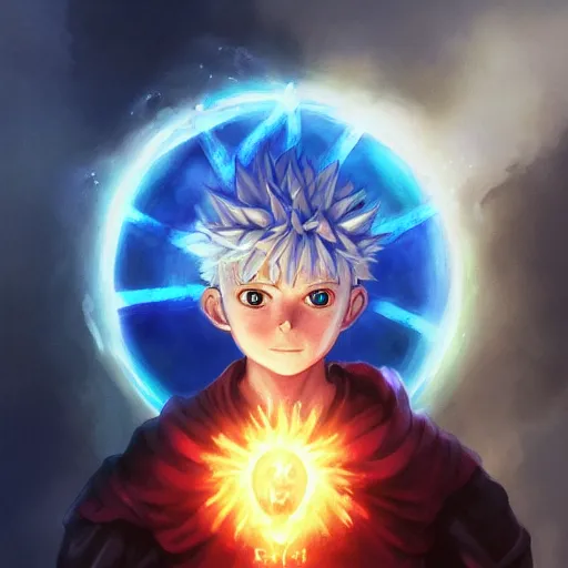 Image similar to portrait portrait portrait of Killua Zoldyck Mage doctor wearing a fireball in his right hand whilst wearing a waterball in his left hand whilst wearing a Shield of Omnipotence greg rutkowski peter mohrbacher anato finnstark marc simonetti Grisaille Realism