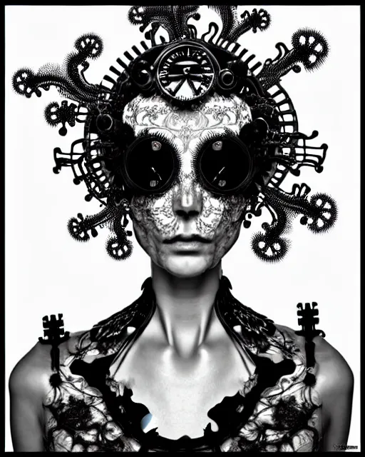 Image similar to surreal black and white photo portrait of complex bio-mechanical beautiful young female vegetal-cyborg with a Mandelbrot fractal steampunk metal fine lace face, curled silver hair and a fine metal floral foliage super big lace collar by Alexander McQueen:: high fashion, haute couture, rococo, steampunk, silver filigree details, anatomical, facial muscles, cable wires, microchip, elegant, hyper realistic, 150 mm lens, soft rim light, octane render, unreal engine, picture was taken in 1910, volumetric lighting, 8k,