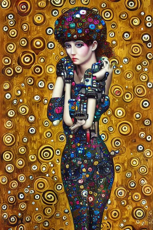 Image similar to pop surrealism, lowbrow cute girl painting, hyper realism, robotic girl, klimt style