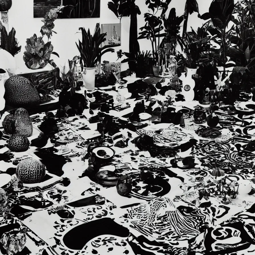 Image similar to A black and white photography of an exhibition space with objects of Sun Ra, Marcel Duchamp and tropical plants, 60s, offset lithography print, close up shot