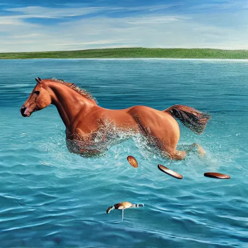 Image similar to horse swimming in the ocean with fork and knife, photorealistic, high detail