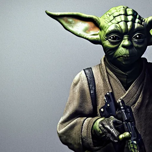 Prompt: Yoda as the main character in Call of Duty black ops, holding a gun, highly detailed, high quality, HD, 4k, 8k, Canon 300mm, professional photographer, 40mp, lifelike, top-rated, award winning, realistic, sharp, no blur, edited, corrected, trending