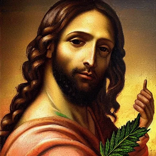 Prompt: an impasto oild painting of jesus holding a cannabis leaf painted by leonadro da vinci, rennaissance painting, high detailed oil painting, masterpiece, artstation