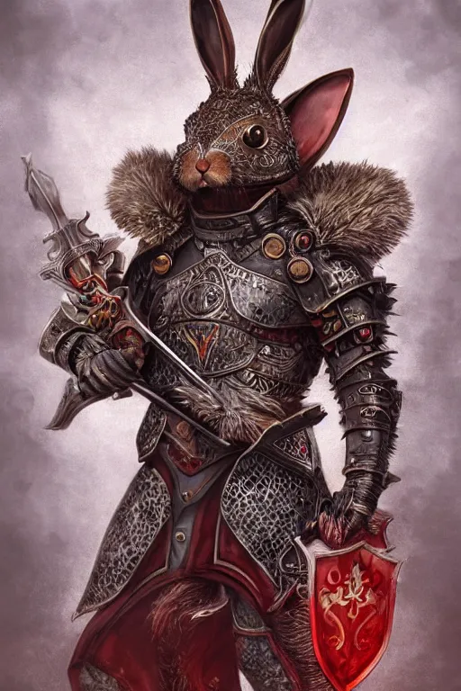 Image similar to Anthropomorphized Rabbit in full armor carrying Sword and Shield, full body, menacing pose, concept art, insanely detailed and intricate, hypermaximalist, elegant, ornate, hyper realistic, super detailed, tribal red atmosphere, Art Deco, cinematic, trending on artstation, magic the gathering artwork, centered