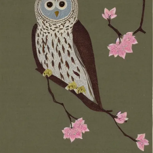 Prompt: owl in cherry blossom tree, color lithograph, museum catalog photograph