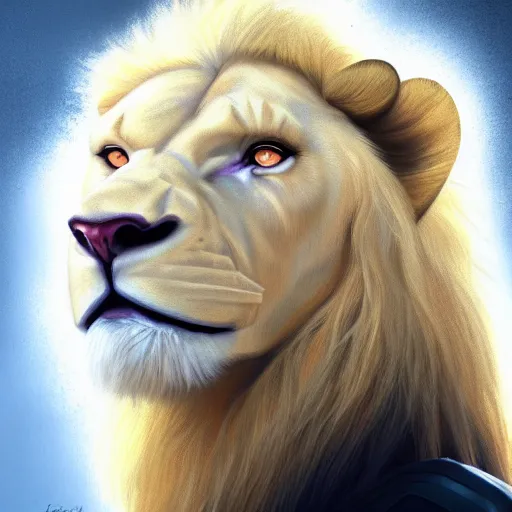 Image similar to a beautfiul aesthetic commission portrait of a anthro albino lion wearing a supreme t-shirt,attractive beautiful face,detailes face,natural lighting,fantasy art,deviantart,artstation,character design by charles bowater,ross tran,4k,photorealistic