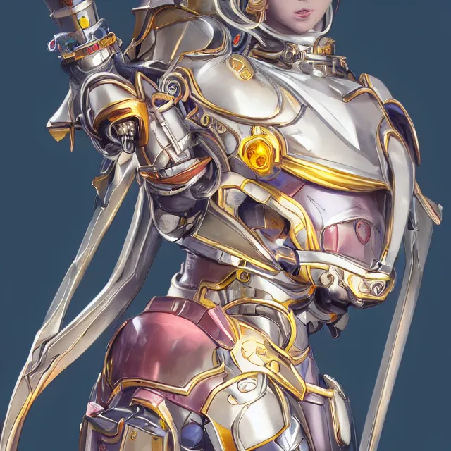 Image similar to studio portrait of lawful good colorful female holy mecha paladin absurdly beautiful, elegant, young cute anime girl, ultrafine hyperrealistic detailed face illustration by kim jung gi, irakli nadar, intricate linework, sharp focus, bright colors, matte, octopath traveler, final fantasy, unreal engine highly rendered, global illumination, radiant light, intricate environment