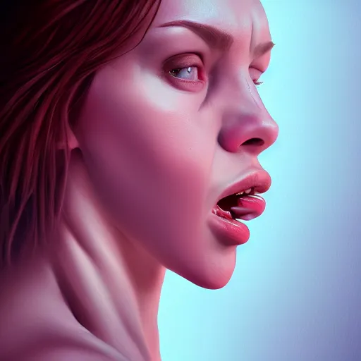 Image similar to hyperrealistic portrait of a woman terrified of three men and a woman, aesthetic, trending on artstation, detailed digital art,