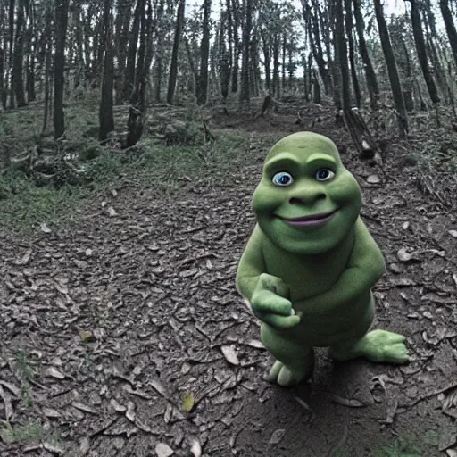 Image similar to Shrek caught on trail cam, trail camera footage, wide angle lens, night vision, grainy