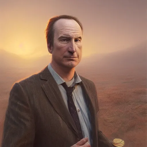 Prompt: portrait of bob odenkirk, sunset, gorgeous view, depth, painted by seb mckinnon, high detail, digital art, painted by greg rutkowski, trending on artstation