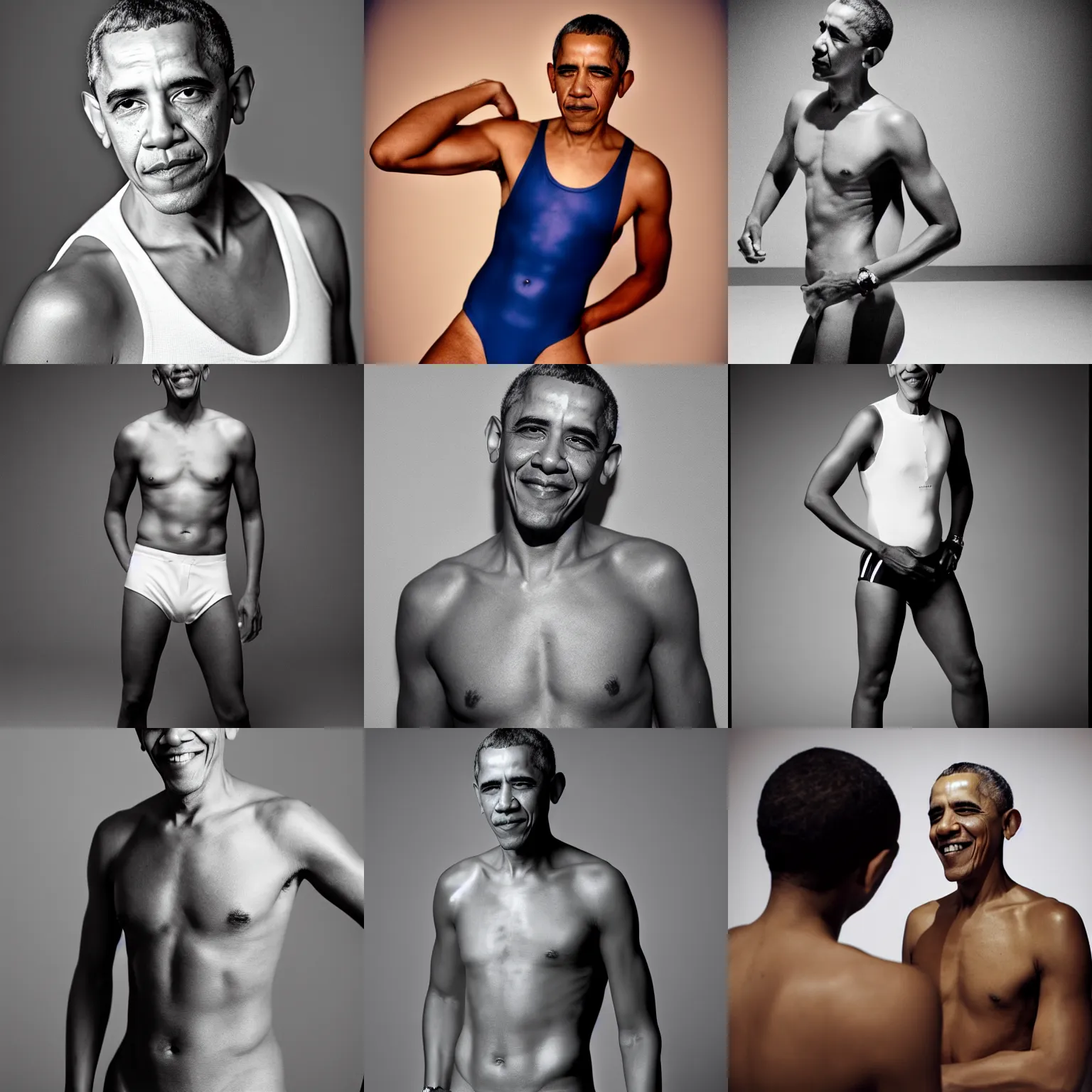 Prompt: Photo of Barack Obama in swimsuit, soft studio lighting, photo taken by Terry Richardson for Calvin Klein, award-winning photograph, 24mm f/1.4
