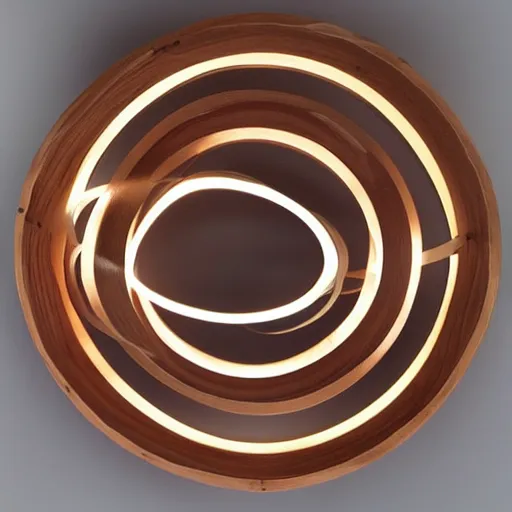 Image similar to circle shaped sculpture, curves, wood, lights