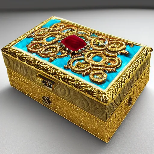 Prompt: “ornate jewellery box, decorated in delicate golden filigree and assorted jewels, resting on a plush turquoise velvet pillow, ultra realistic, 4K, rich colour, vibrant”