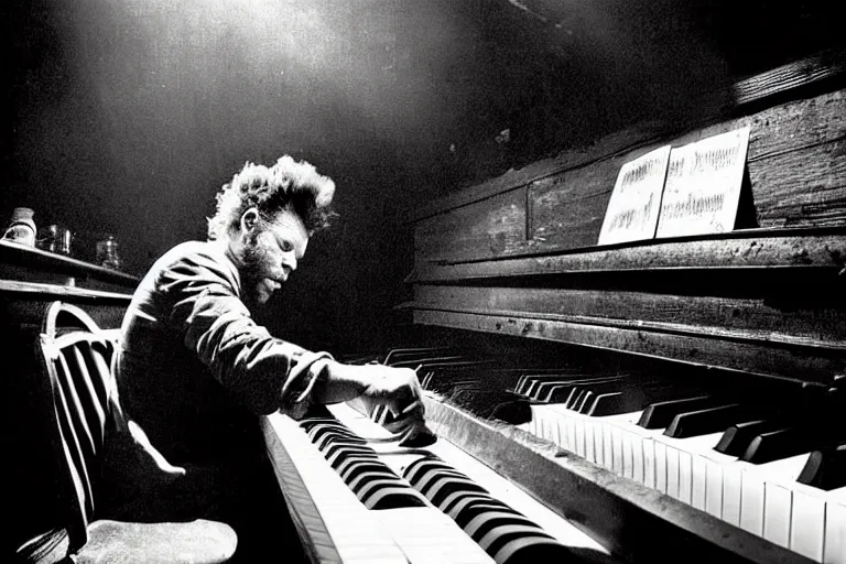 Image similar to tom waits playing an old piano in a dingy whiskey bar, cigarette smoke, broken jukebox, drunk asleep at a table, jack daniels, faded color photograph, moody, atmospheric, light rays through smoke