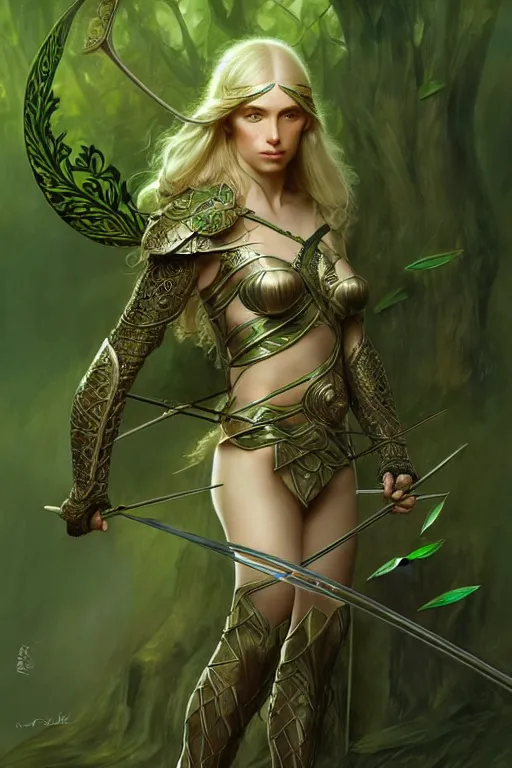 Prompt: male elven Archer armor made of green leaves, fantasy, amber eyes, face, long hair, intricate, elegant, highly detailed, digital painting, artstation, concept art, smooth, sharp focus, illustration, art by artgerm and greg rutkowski and alphonse mucha