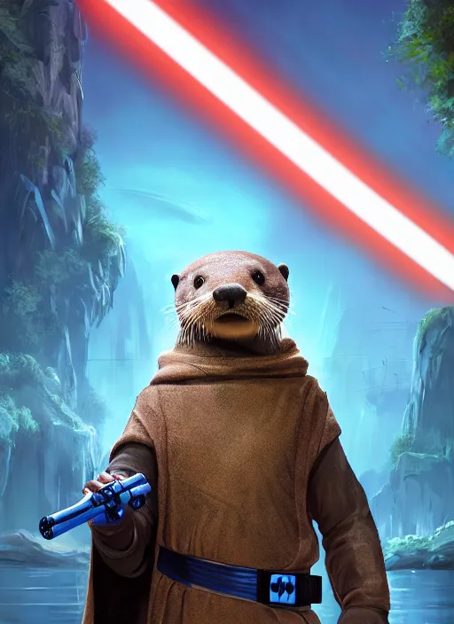 Image similar to portrait, anthropomorphic otter wearing Jedi robes wielding a blue lightsaber in a futuristic river town. Dramatic lighting, cinematic, establishing shot, extremely high detail, photo realistic, post processed, artstation, matte painting, style by eddie mendoza, raphael lacoste, alex ross