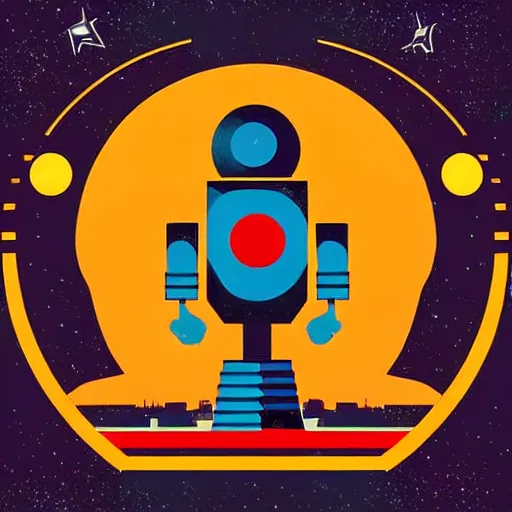 Prompt: “1950s art deco style robot silhouette facing a futuristic city, planets and stars in the background, retro poster.”