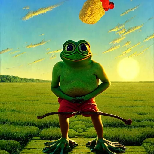 Image similar to pepe the frog walking in summer dawn, funny sunny atmosphere, positive vibe, norman rockwell, bao phan, bruce pennington, larry elmore, oil on canvas, deep depth field, masterpiece, cinematic composition, hyper - detailed, hd, hdr