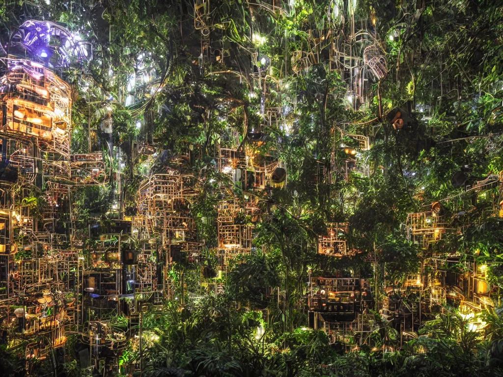 Prompt: an overwhelming and huge speaker stack pa sound system made from intertwining synthesizers and sound speakers and complex wires and led and intricate circuitry dominates a lush rain forest at sunset