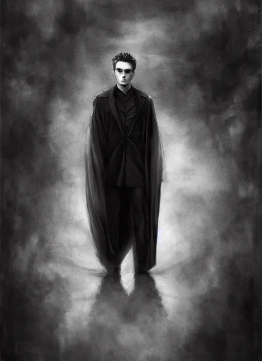 Image similar to well - shaven robert pattinson, black outfit, cape, in the style of tom bagshaw, sandman, misty endless dream cinematic background, netflix sandman