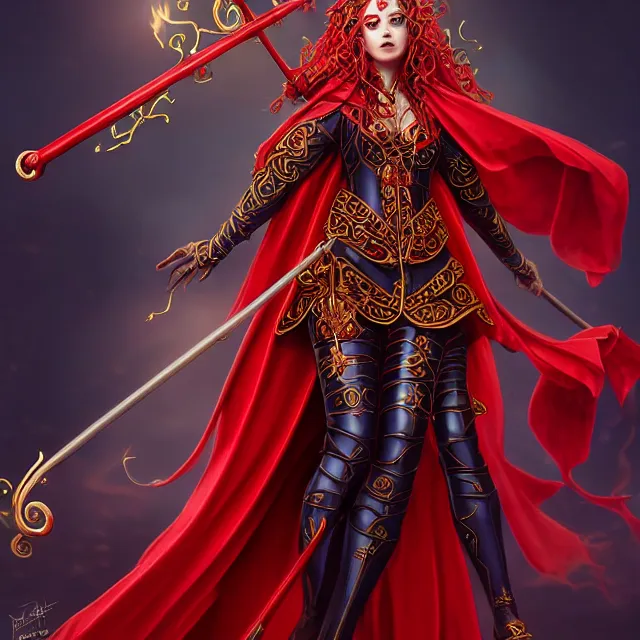 Image similar to beautiful elemental fire witch with ornate red robes and staff, highly detailed, 8 k, hdr, smooth, sharp focus, high resolution, award - winning photo, artgerm, photorealistic