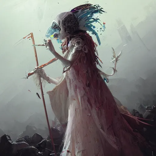 Image similar to painting of a pale witch dressed with feathers, illustration, artistic, colorful, hyper detailed, in the style of Greg Rutkowski,