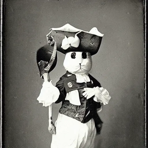 Image similar to a rabbit dressed as a pirate, victorian photograph