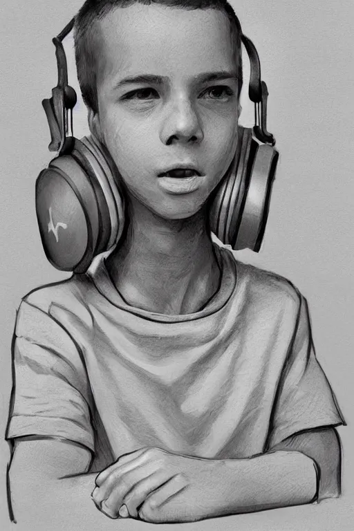 Image similar to a boy with headphones sitting on a table in a cafe, digital art, digital painting, masterpiece, concept art, trending on deviantart, highly detailed, high quality, anatomically correct, five fingers, cinematic, high coherence, soft lighting, soft colors, beautiful, elegant, short black hair, 4 k, symmetrical, realistic and detailed face, cartoon