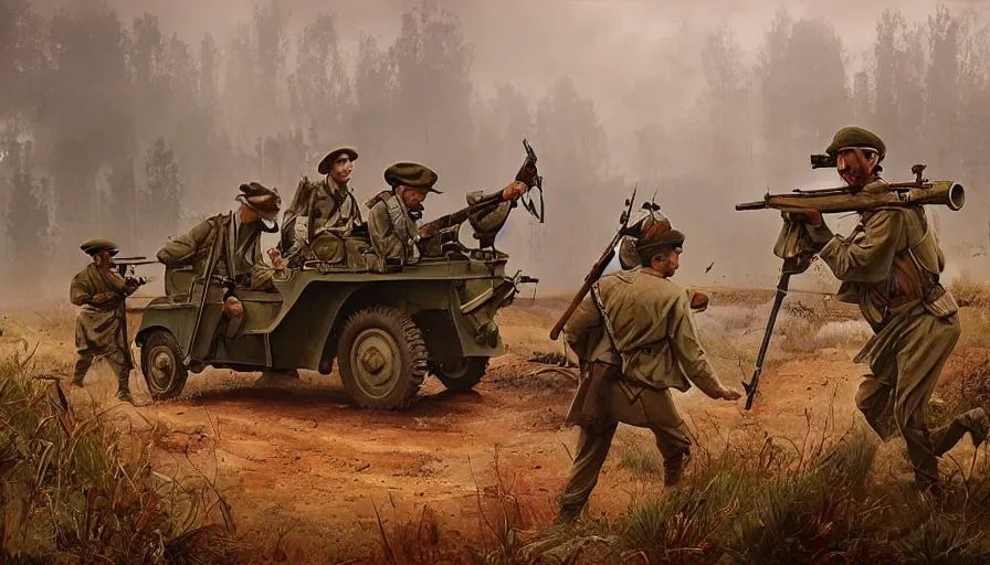 Image similar to British soldiers with a Lewis gun armed truck in 1921 in kerala forest road, tribe members attacking, action scene, an epic fantasy, dramatic lighting, cinematic, establishing shot, extremely high detail, photorealistic, cinematic lighting, artstation, matte painting by simon stalenhag, horizon forbidden west