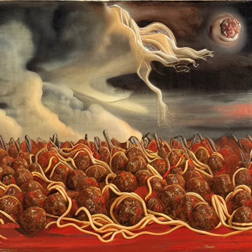 Image similar to a giant mess of women bodies with spaghetti bolognesa and meatballs flying in the stormy sky by dali