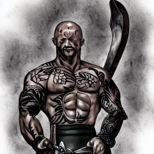 Image similar to muscular bald man, tattooed body, sword in hands, HD, anime style,