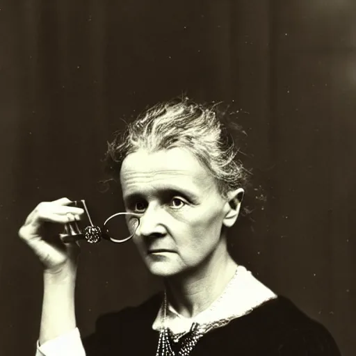 Image similar to Marie Curie with monocle, steampunk style, laboratory in the background