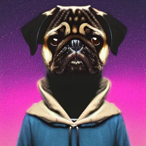 Image similar to a sad pug wearing a hoodie, the word ( sad ) is typed on the hoodie in upper case letters, digital art, synthwave style, trending on artstation, matte painting