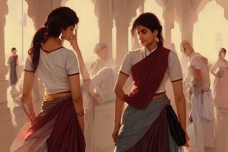 Prompt: Anxious good looking pale young Indian doctors wearing skirts and shirts at the airport, portrait, elegant, intricate, digital painting, artstation, concept art, smooth, sharp focus, illustration, art by artgerm and greg rutkowski and alphonse mucha