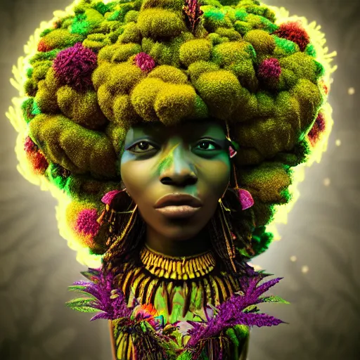 Image similar to an african marijuanna shaman with an afro made of flowers, third eye art art by machina infinitum, complexity from simplicity, rendered in octane, mandelbulb 3 d, ambient occlusion, macro photography, felt!!! texture, tribal, neon! retrowave