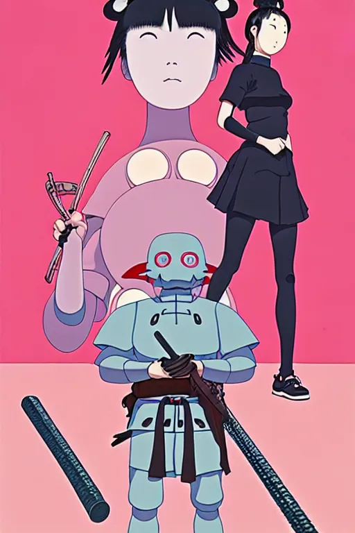 Image similar to Artwork by James Jean, Phil noto and studio ghibli ; (1) a young Japanese future samurai police lady named Yoshimi battles an (1) enormous evil natured carnivorous pink robot on the streets of Tokyo; Japanese shops and neon signage; crowds of people running; Art work by Phil noto and James Jean