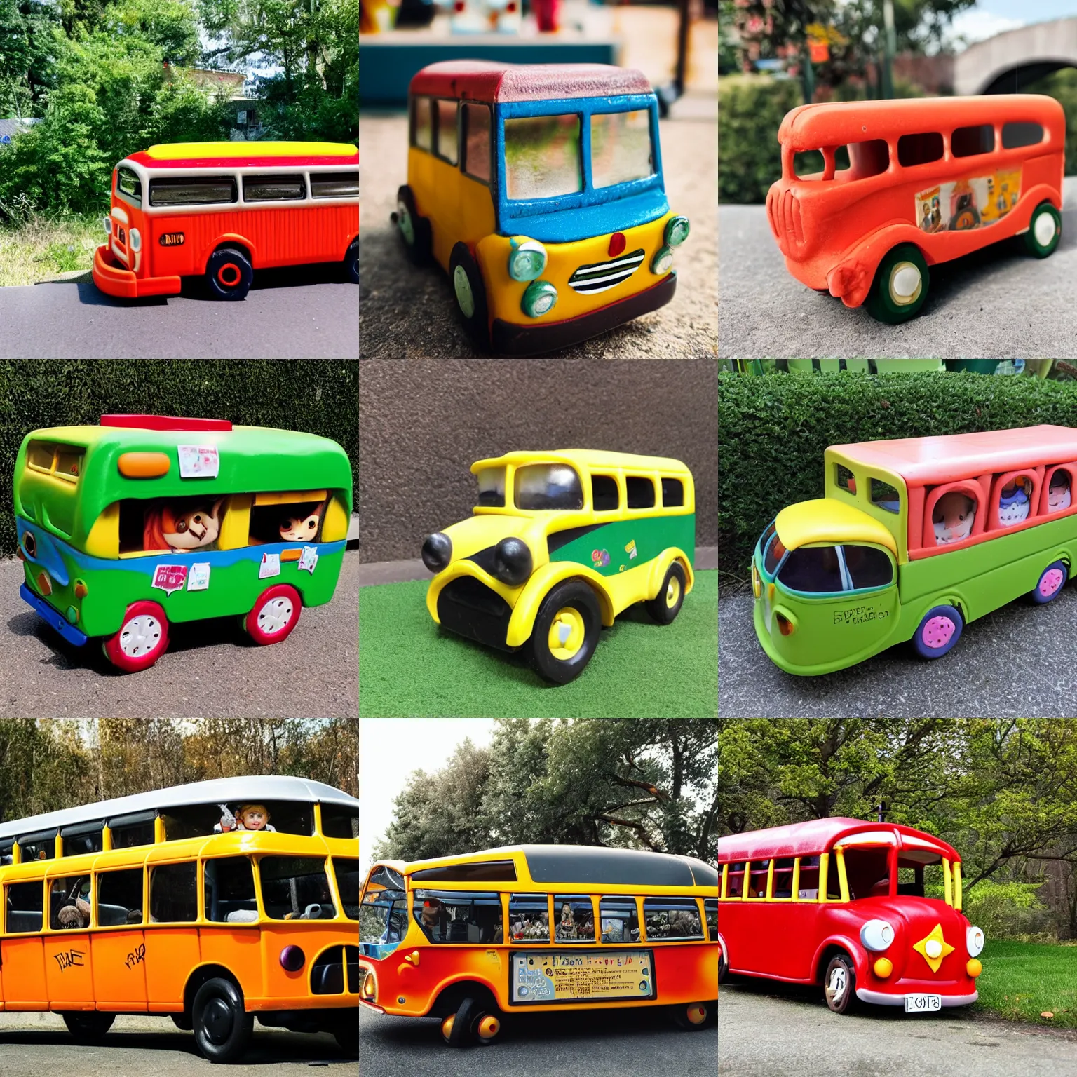 Prompt: photo of an adorable silly looking little toy bus