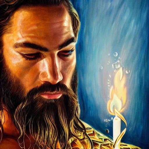 Prompt: intricate five star portrait of aquaman in tears, emotional, blowing the candle at his birthday, oil on canvas, hdr, high detail, photo realistic, hyperrealism, matte finish, medium contrast, 3 d depth, centered, masterpiece, grainy, muted colors, enhanced light effect, enhanced eye detail, artstationhd