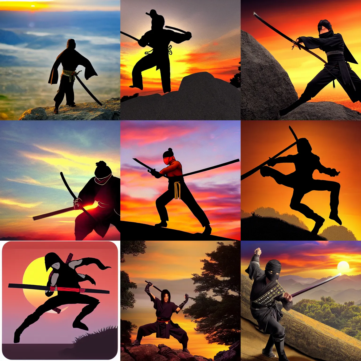 Prompt: a hot ninja wielding a katana, sunset, on a hill