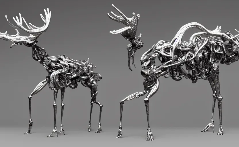 Prompt: stylized shiny polished silver statue full body extra limbs bizarre cosmic horror quadruped animal moose deer skull four legs made of marble of slug creature tendrils, perfect symmetrical body, perfect symmetrical face, hyper realistic, hyper detailed, by johannen voss, by michelangelo, octane render, blender, 8 k, displayed in pure white studio room austere