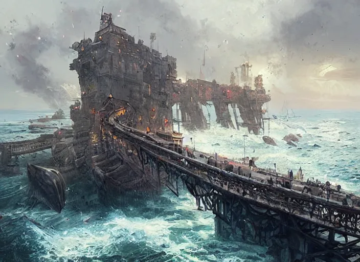 Image similar to A beautiful medieval metropolis built on a cliff overlooking the ocean, a large black pirate ship waiting in the pier. Fantasy digital painting by Greg Rutkowski