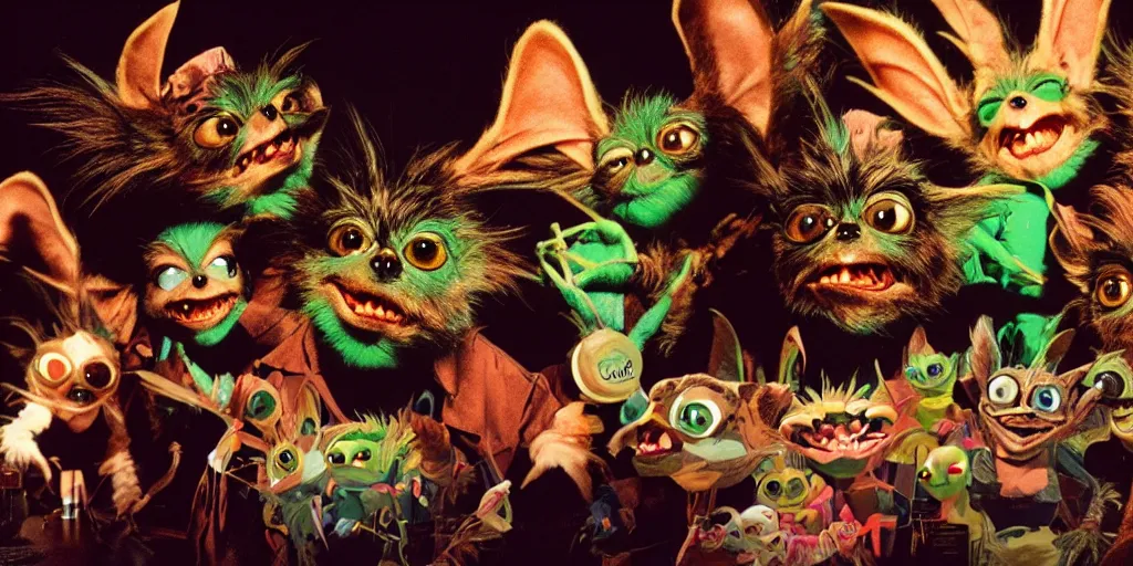 Prompt: Gremlins movie, the gremlins are on mdma in the club, trending on Artstation, 8K, ultra wide angle, pincushion lens effect