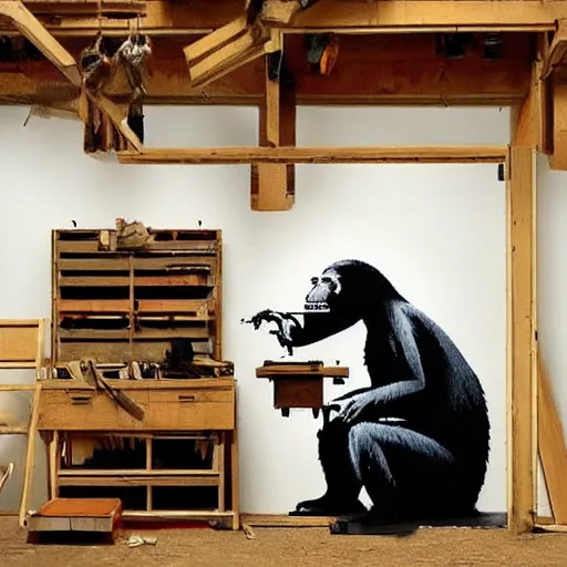 Image similar to ape in a carpenter workshop made by banksy